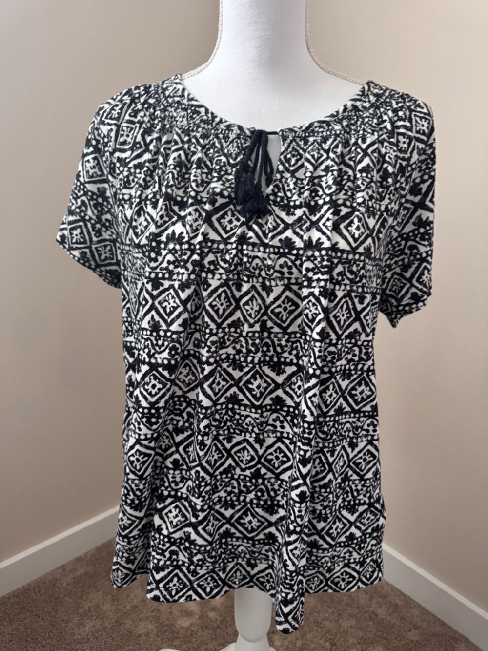 Ralph Lauren Black & Cream Geometric Short Sleeve Peasant Top